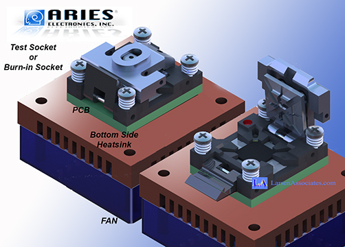 small IC test socket with bottom side heatsink and optional fan